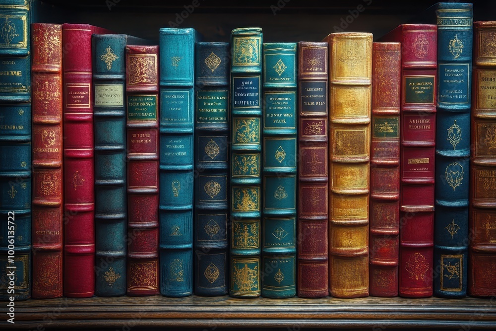 Naklejka premium Close-Up Shot of Colorful Books on a Shelf with Vibrant Background and Soft Lighting, Showcasing Detailed Cover Textures and Light Reflections in High-Resolution Photography