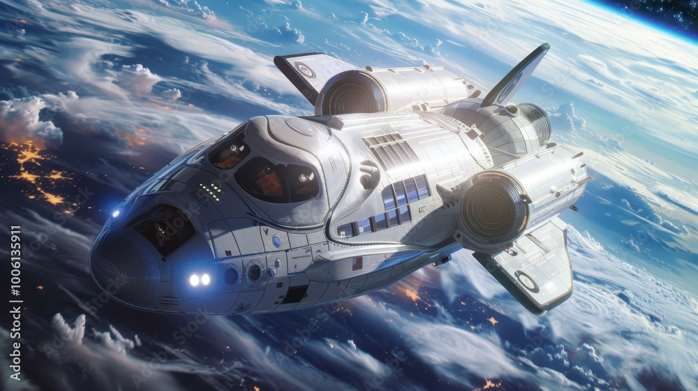 Advanced Spacecraft Orbiting Earth with Cloudscape View. Space Tourism Manager Advanced Spacecraft Orbiting Earth with Cloudscape View. Space Tourism Manager