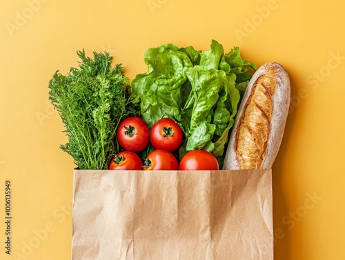 2408 113.A brown paper grocery bag filled with fresh produce such as greens, tomatoes, and a baguette is placed on a colorful background. The simple arrangement leaves plenty of space for text,