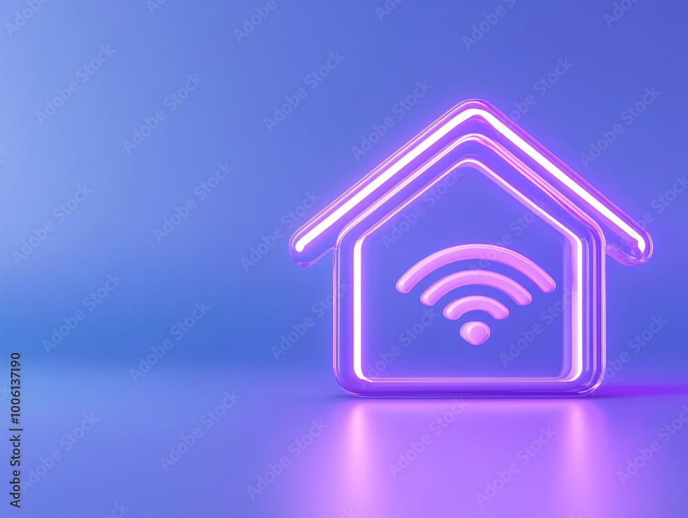 Stylish neon home with WiFi symbol, glowing on a gradient background. Perfect for modern tech concepts. Stylish neon home with WiFi symbol, glowing on a gradient background. Perfect for modern tech concepts.
