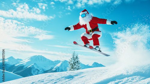 A man in a Santa suit performs a mid-air jump while skiing in a vibrant winter landscape