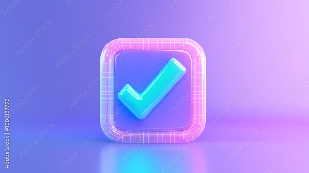 Stylized checkmark icon in neon blue and pink colors against a gradient background, symbolizing completion and approval. Stylized checkmark icon in neon blue and pink colors against a gradient background, symbolizing completion and approval.