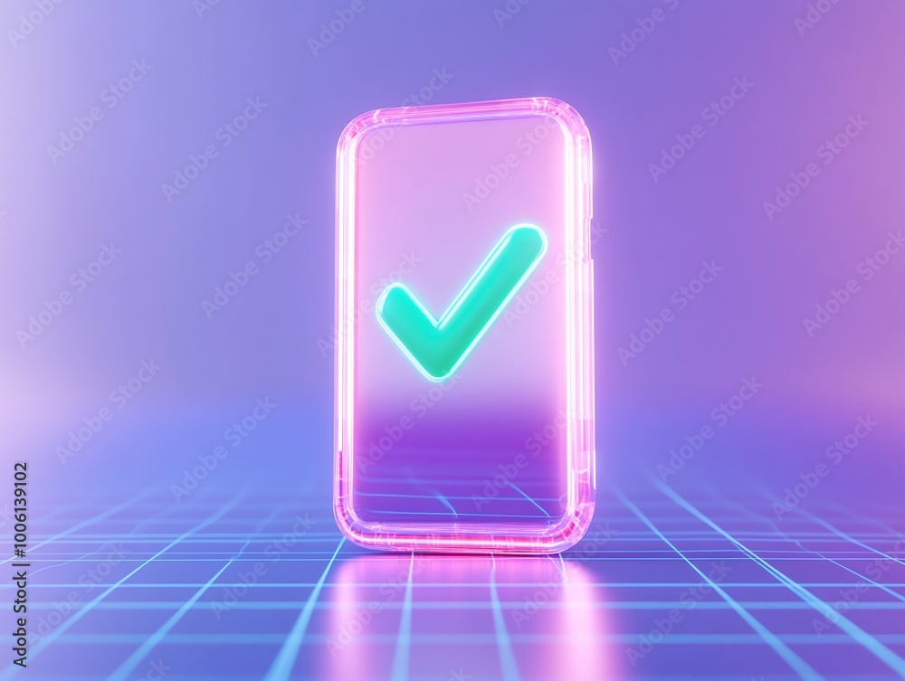 Vibrant neon smartphone with a checkmark on a futuristic grid background, symbolizing approval and confirmation. Vibrant neon smartphone with a checkmark on a futuristic grid background, symbolizing approval and confirmation.