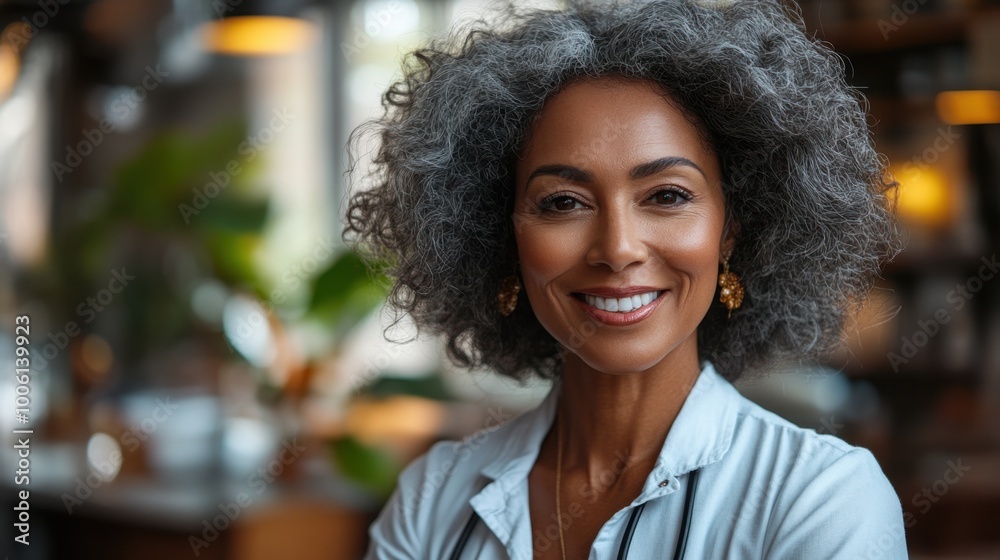 Radiant Mature African American Woman Smiling in a Coffee Shop Radiant Mature African American Woman Smiling in a Coffee Shop