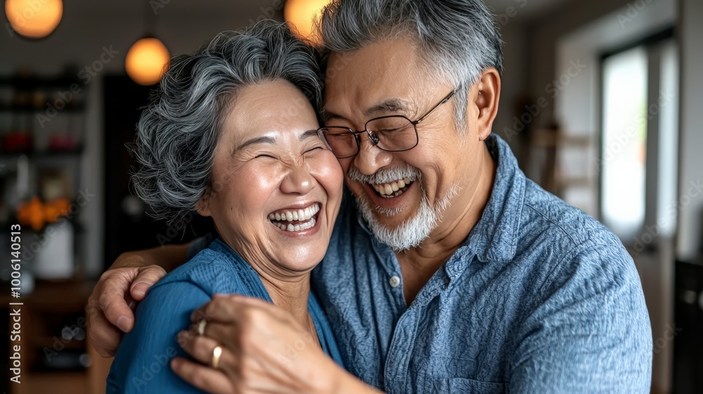 A happy Asian senior couple dancing together in their living room, laughing and enjoying a spontaneous, lighthearted moment A happy Asian senior couple dancing together in their living room, laughing and enjoying a spontaneous, lighthearted moment