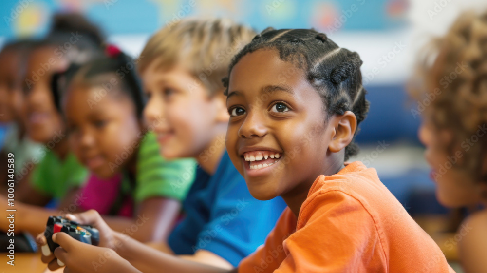 Smiling African American Boy Playing Video Games with Friends Smiling African American Boy Playing Video Games with Friends