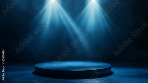 A circular podium with two spotlights shining on it. The background is a dark blue with smoke and a hint of a concrete floor.