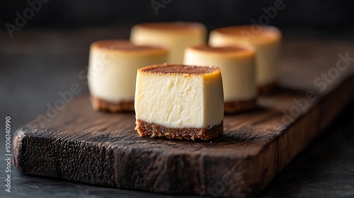 Mini cheesecake bites positioned on a rustic dark wooden board, one with a bite showing the creamy interior, soft rim lighting accentuating creamy texture, dark background,