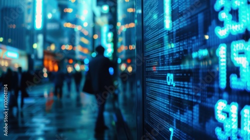 Wallpaper Mural City Commuter Walking Past Illuminated Stock Market Ticker Display Torontodigital.ca