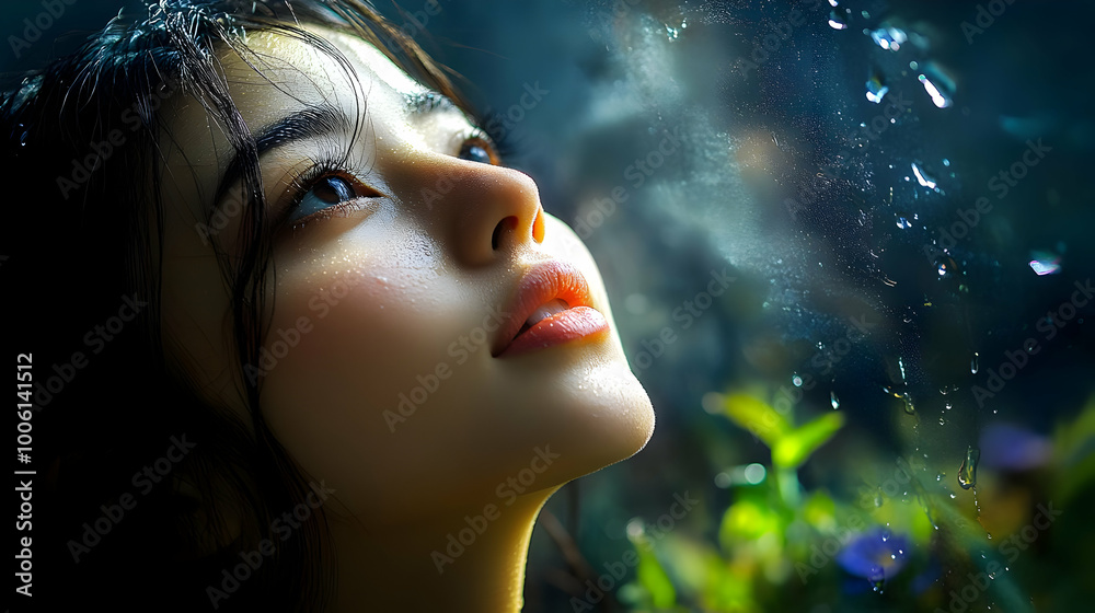 Woman Gazes Up at the Rain, Eyes Reflecting Droplets Woman Gazes Up at the Rain, Eyes Reflecting Droplets