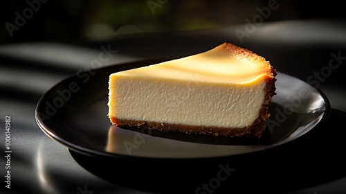 Minimalist presentation of a plain cheesecake slice on a glossy black surface, ambient light reflecting softly on the plate, dark background, cheesecake in perfect focus, elegant shadows,