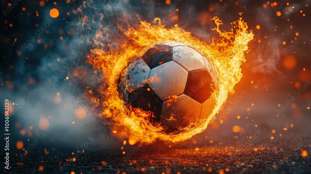 Fototapeta premium Soccer Ball Engulfed in Flames in Dramatic Fiery Motion