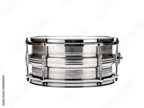 a silver drum with black rims