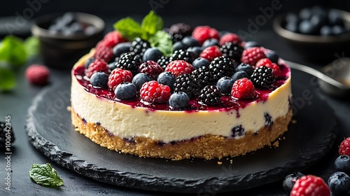 Wallpaper Mural Mixed berry cheesecake on a black slate serving board, blackberries and blueberries carefully arranged, creamy texture illuminated by soft warm light, dark slate surface creating contrast, Torontodigital.ca