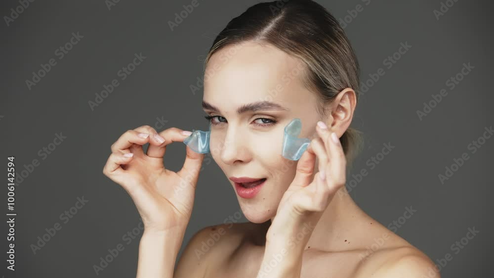 A beautiful woman enjoys a facial treatment against a dark background while using eye patches. This image highlights the significance of cosmetic care and self-pampering in enhancing one’s appearance. A beautiful woman enjoys a facial treatment against a dark background while using eye patches. This image highlights the significance of cosmetic care and self-pampering in enhancing one’s appearance.