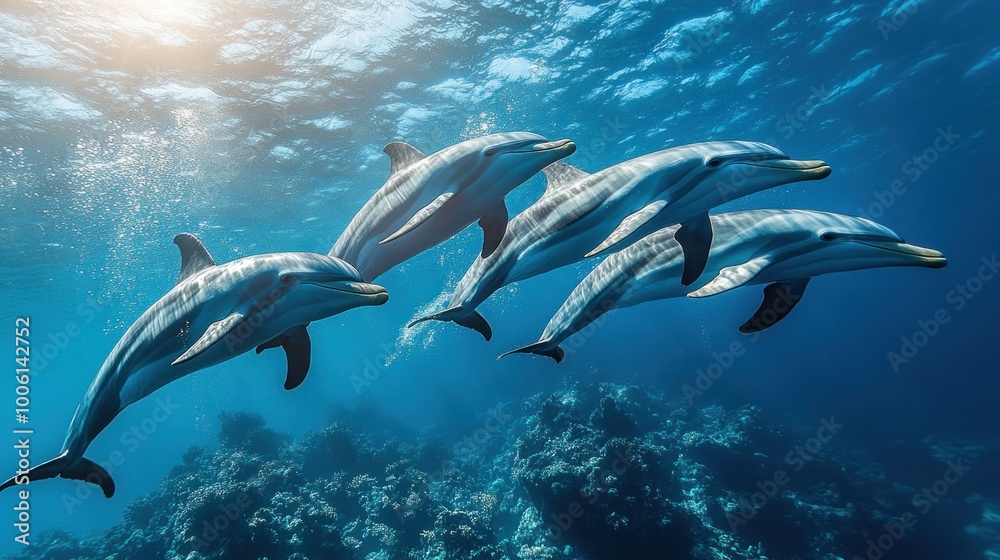 Fototapeta premium A pod of dolphins swimming gracefully in clear blue water.