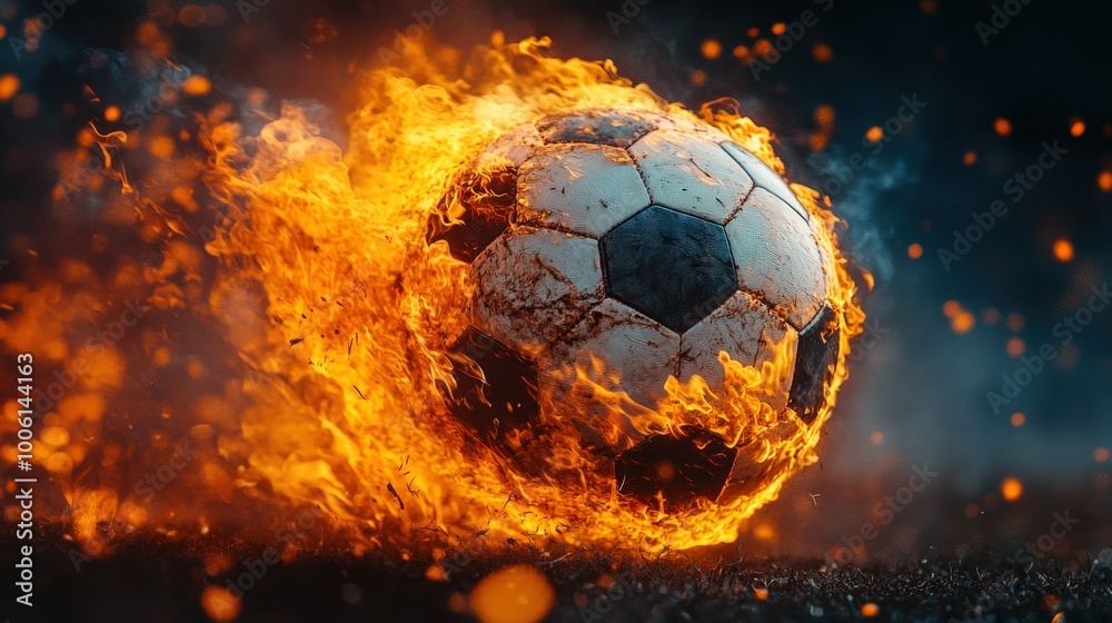 Fototapeta premium Soccer Ball Engulfed in Flames in Dramatic Fiery Motion