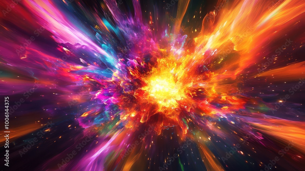 Obraz premium A burst of bright, angular shapes in neon colors exploding outward from the center, creating a high-energy abstract composition.