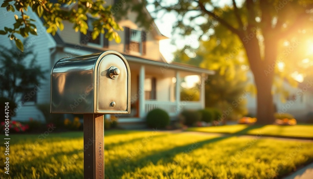 Close-up of a mailbox in front of a detached house's garden on a sunny summer day. Close-up of a mailbox in front of a detached house's garden on a sunny summer day.