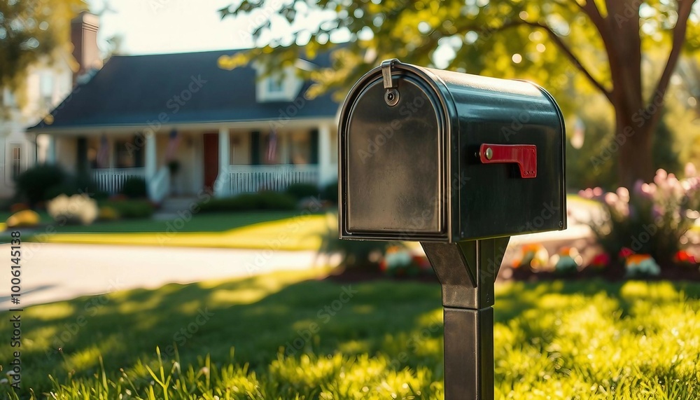 Close-up of a mailbox in front of a detached house's garden on a sunny summer day. Close-up of a mailbox in front of a detached house's garden on a sunny summer day.
