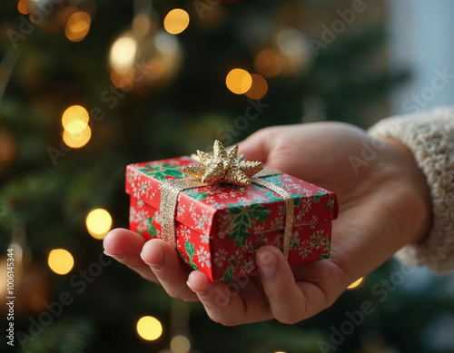 a person holding a small gift box in front of a decorated christmas tree