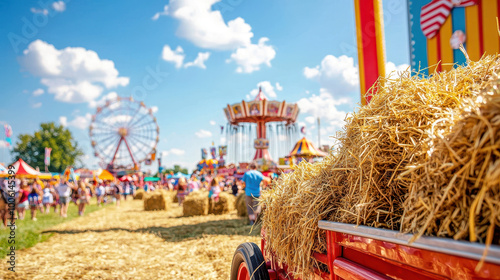 Vibrant fair scene with a red truck loaded with straw bales, surrounded by carnival rides and joyful crowds under a sunny sky