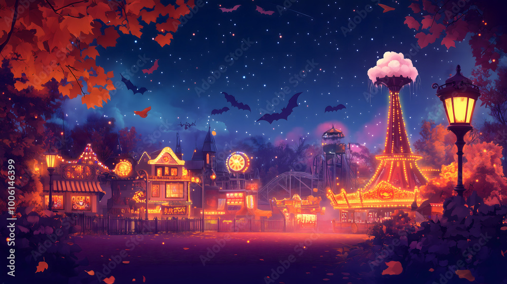 Fototapeta premium A playful Halloween carnival illustration with a bat teller at night 