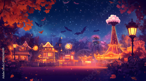 A playful Halloween carnival illustration with a bat teller at night  photo