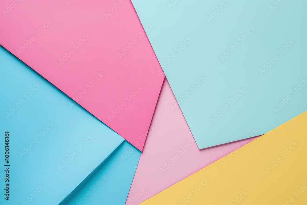 Pink, blue, and yellow paper background with geometric shapes. Abstract colored paper texture background. Pink, blue, and yellow paper background with geometric shapes. Abstract colored paper texture background.