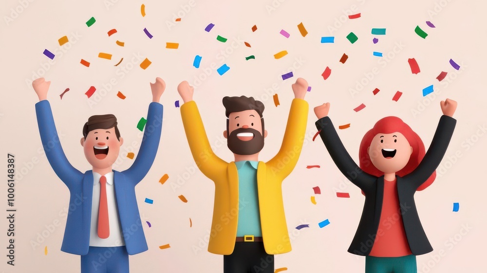 Celebratory team with confetti, performance growth, cartoon style, 3D illustration