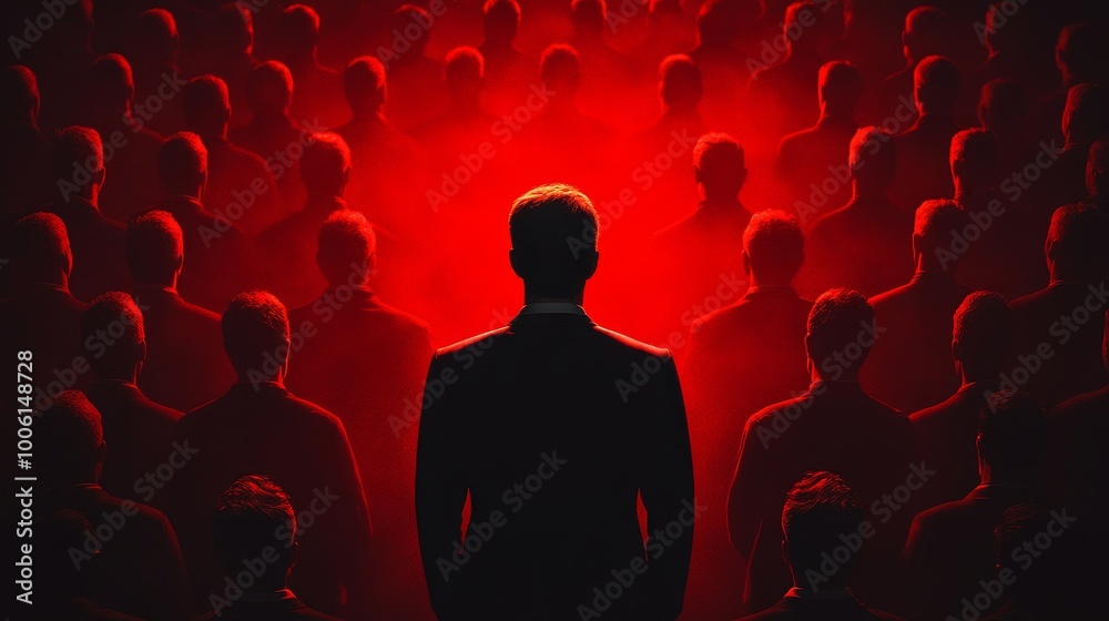 A man stands in front of a crowd of people, with the crowd being red