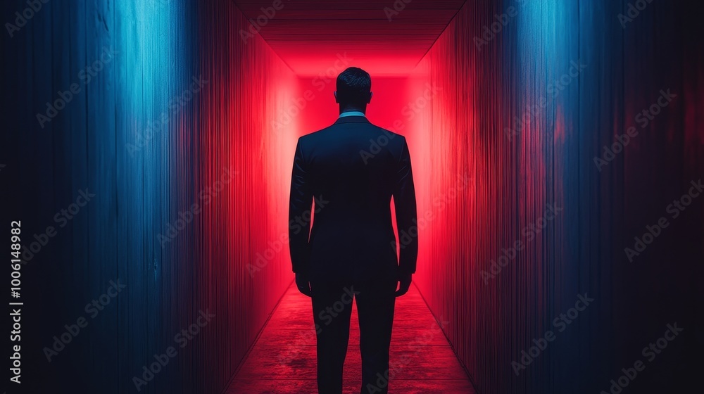 Obraz premium A man in a suit stands in a dark tunnel with red walls