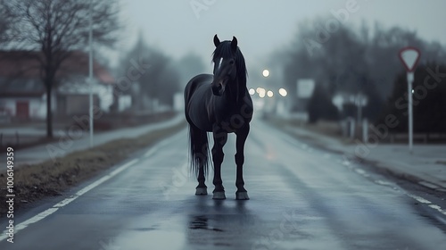 Black Horse Standing on Empty Road