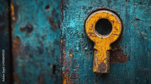 A yellow keyhole is on a blue door