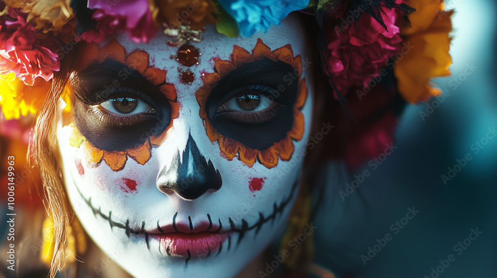 Girl Wearing Skull Makeup for Day of the Dead Mexico and Latin America Halloween Portrait Girl Wearing Skull Makeup for Day of the Dead Mexico and Latin America Halloween Portrait