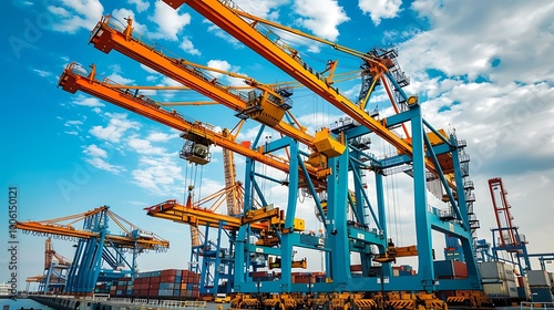 Port cargo crane with blue sky and cloud background