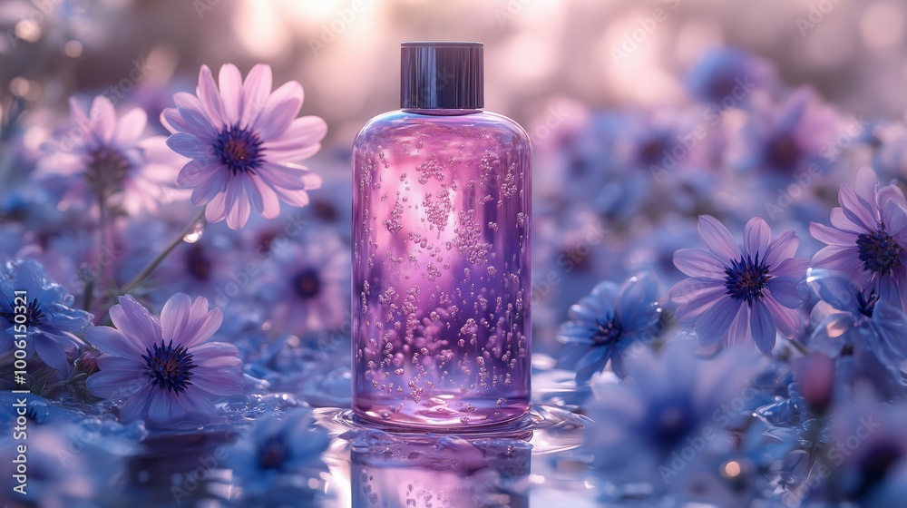 A bottle of shampoo surrounded by violet flowers on the purple background. A bottle of shampoo surrounded by violet flowers on the purple background.