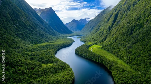 A lush valley nestled between two towering mountain ranges, with a calm river flowing through and forests stretching as far as the eye can see