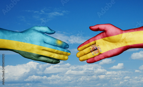 Spain and Rwanda country handshaking with flags, consensus concept international co-operation illustration