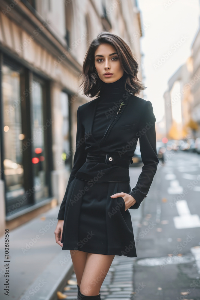 Elegant Woman in Black Outfit Posing on City Street