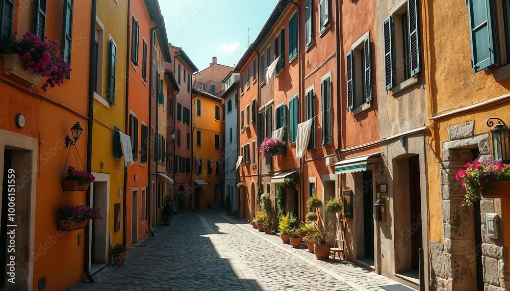 Fototapeta premium Tourist street with Italian-style houses featuring laundry on lines, full of charm.