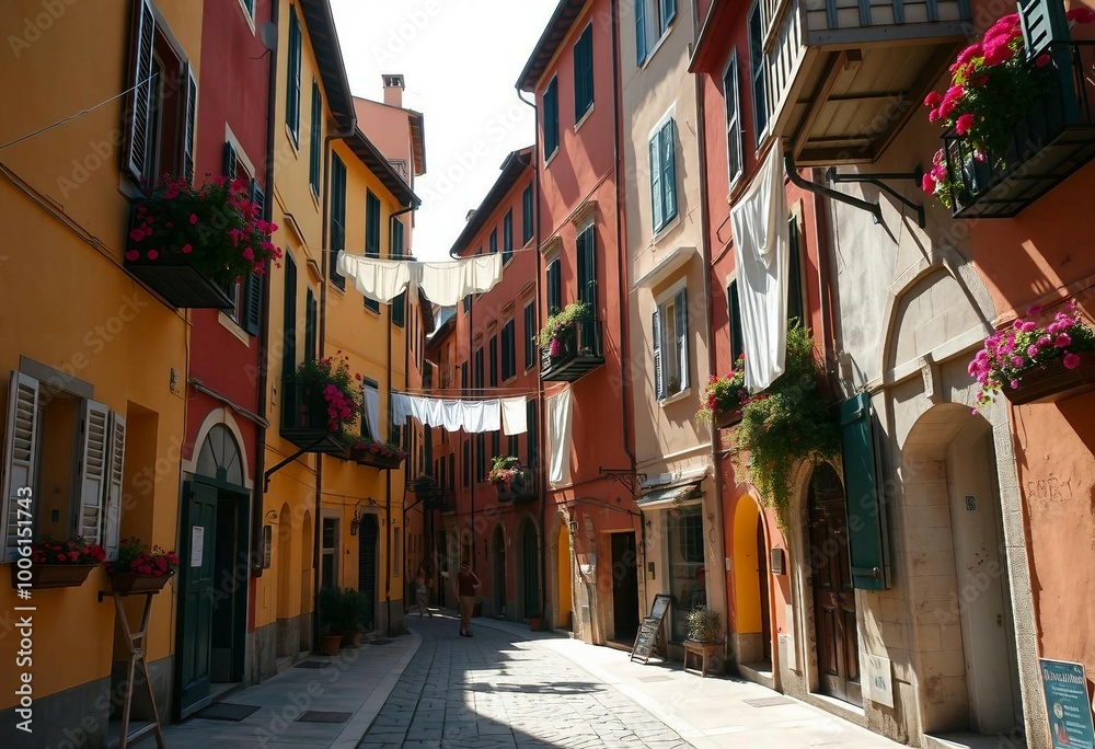 Obraz premium Tourist street with Italian-style houses featuring laundry on lines, full of charm.