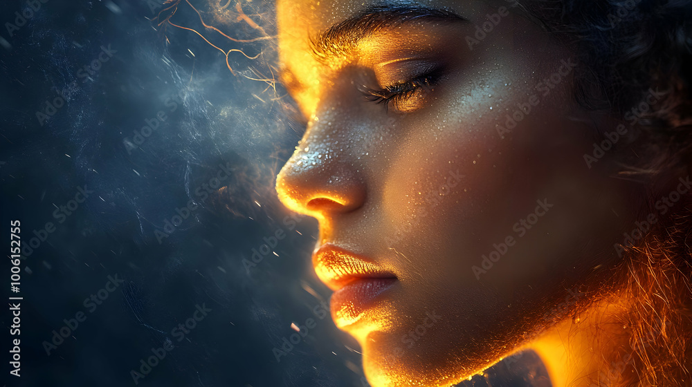 Golden Glow: A Close-Up Portrait of a Woman with Sparkly Skin Golden Glow: A Close-Up Portrait of a Woman with Sparkly Skin