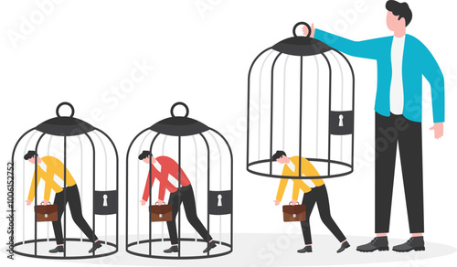 Hand holding a cage to lock a businessman standing in a row into a cage or release a businessman in the cage
