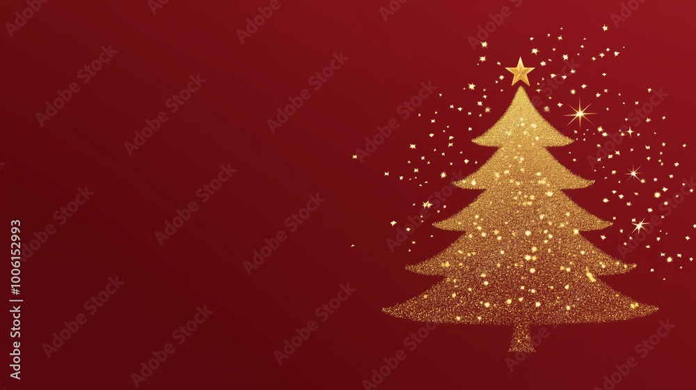 A minimalistic golden Christmas tree design on a deep red background. A minimalistic golden Christmas tree design on a deep red background.