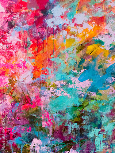 Abstract floral painting. Pink paint splashes. Beautiful artistic texture. Acrylic artwork on canvas. Blue and pink background. Blossom abstraction. Big brush strokes. Drippings of watercolor 