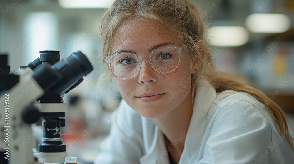 Fototapeta premium Young Female Scientist with Microscope in Laboratory Setting