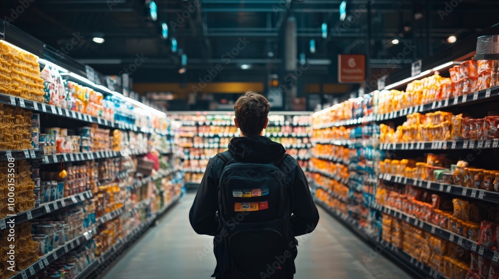 A man comparing different brands of pasta in the evening at a large supermarket, thoughtfully choosing products as he completes his weekly grocery run A man comparing different brands of pasta in the evening at a large supermarket, thoughtfully choosing products as he completes his weekly grocery run