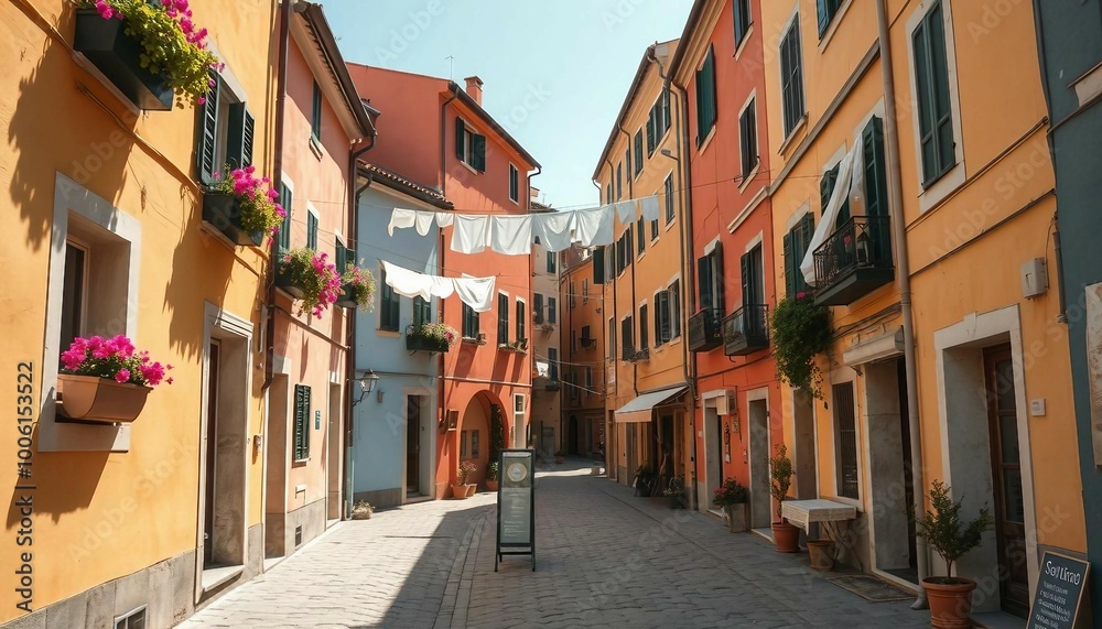 Fototapeta premium Tourist street with Italian-style houses featuring laundry on lines, full of charm.