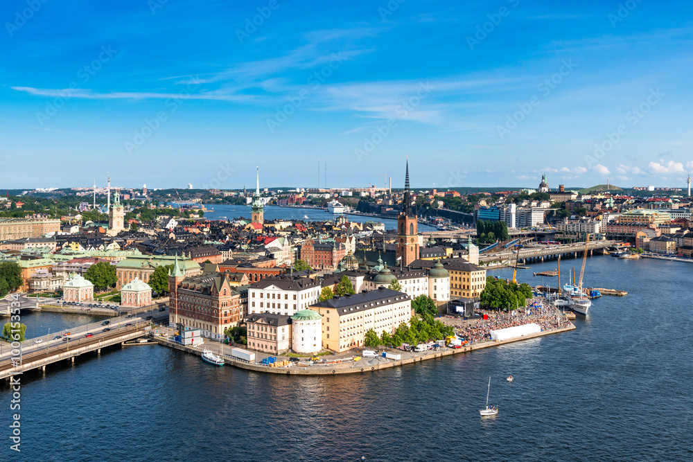 Aerial view of Stockholm's historic district, Gamla Stan, with town hall and Baltic Sea. Aerial view of Stockholm's historic district, Gamla Stan, with town hall and Baltic Sea.